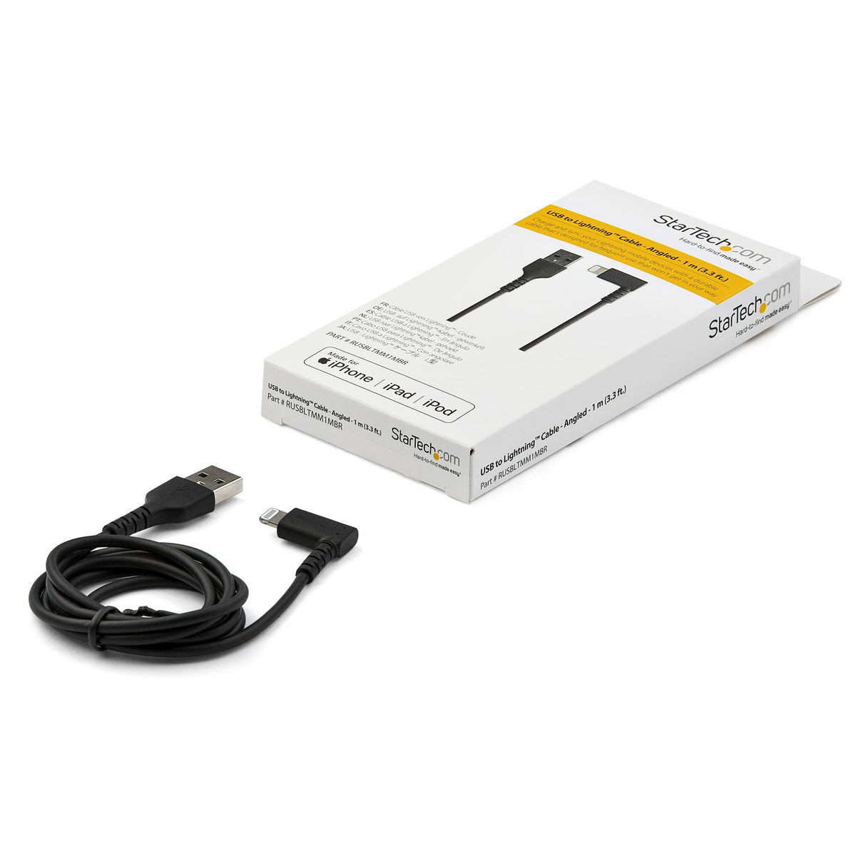 STARTECH 3ft (1m) Durable USB A to Lightning Cable - Black 90° Right Angled Heavy Duty Rugged Aramid Fiber USB Type A to Lightning Charging|Sync Cord - Apple MFi Certified - iPhone (RUSBLTMM1MBR) (RUSBLTMM1MBR)