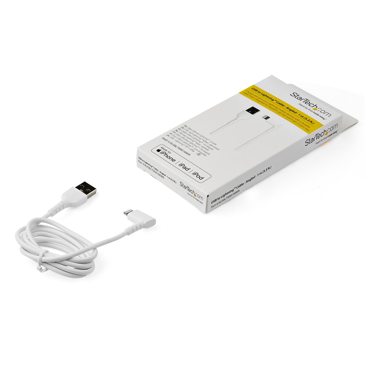 STARTECH 3ft (1m) Durable USB A to Lightning Cable - White 90° Right Angled Heavy Duty Rugged Aramid Fiber USB Type A to Lightning Charging|Sync Cord - Apple MFi Certified - iPhone (RUSBLTMM1MWR) (RUSBLTMM1MWR)