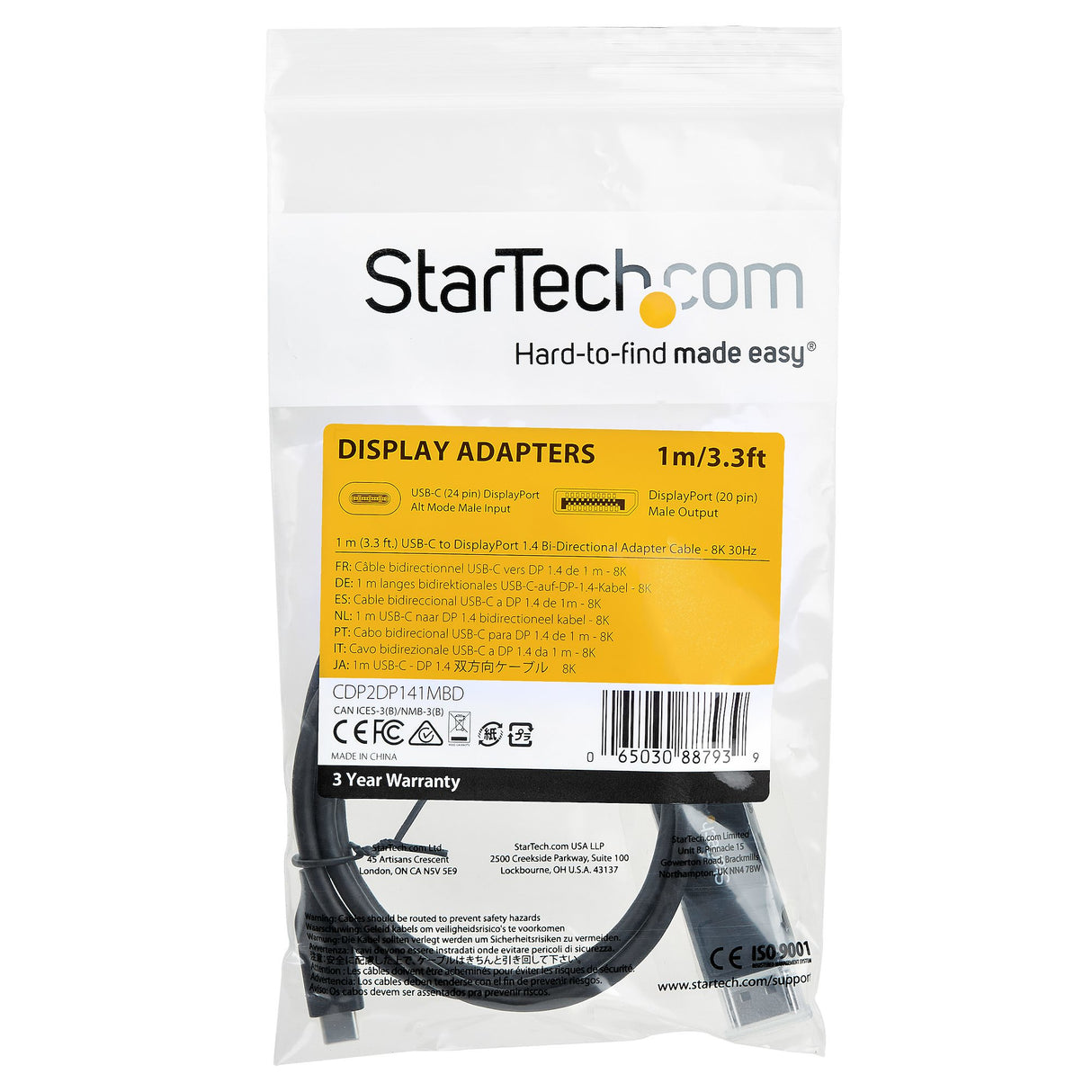 STARTECH 3ft (1m) USB C to DisplayPort 1.4 Cable 8K 60Hz|4K - Bidirectional DP to USB-C or USB-C to DP Reversible Video Adapter Cable -HBR3|HDR|DSC - USB Type-C|TB3 Monitor Cable (CDP2DP141MBD) (CDP2DP141MBD)