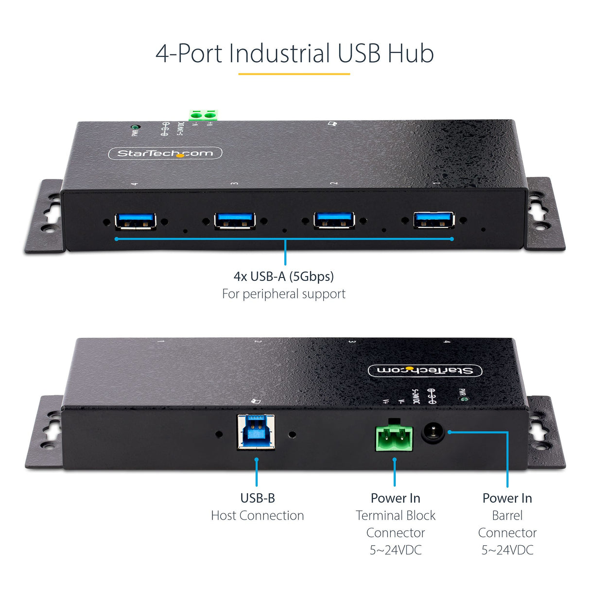 STARTECH 4-Port Industrial USB 3.0 5Gbps Hub - Rugged USB Hub w| ESD and Surge Protection - DIN|Wall|Desk Mountable USB-A Hub - USB Expander w|Locking Ports | Heavy Duty (5G4AINDNP-USB-A-HUB) (5G4AINDNP-USB-A-HUB)
