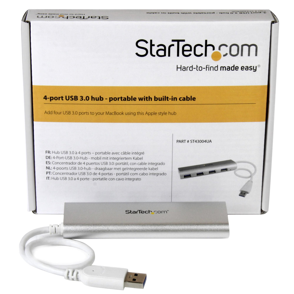 STARTECH 4 Port Portable USB 3.0 Hub with Built-in Cable - Aluminum and Compact USB Hub (ST43004UA)~4 Port Portable USB 3.0 Hub with Built-in Cable - 5Gbps - Aluminum and Compact USB Hub (ST43004UA) (ST43004UA)