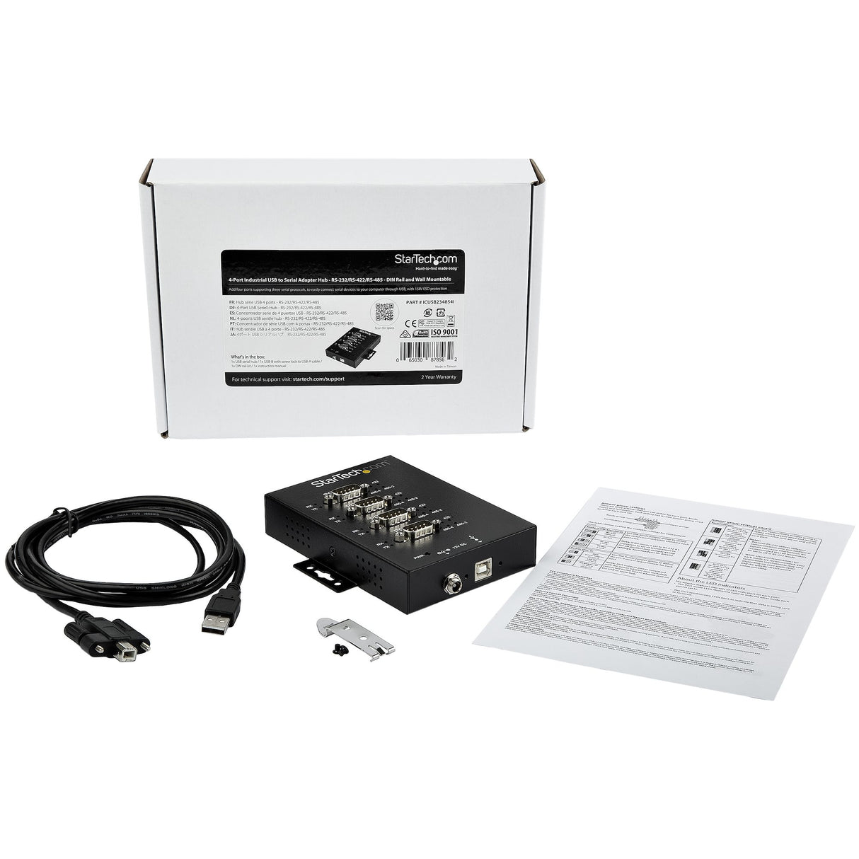 STARTECH 4 Port Serial Hub USB to RS232|RS485|RS422 Adapter - Industrial USB 2.0 to DB9 Serial Converter Hub - IP30 Rated - Din Rail Mountable Metal Serial Hub - 15kV ESD Protection (ICUSB234854I) (ICUSB234854I)