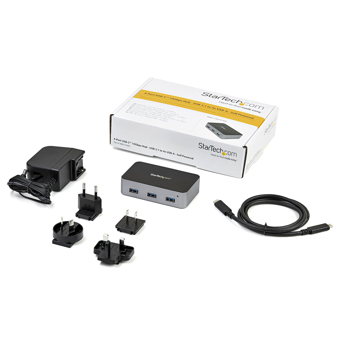 STARTECH 4 Port USB C Hub with Power Adapter - USB 3.1|3.2 Gen 2 (10Gbps) - USB Type C to 4x USB-A - Self Powered Desktop USB Hub with Fast Charging Port (BC 1.2) - Desk Mountable (HB31C4AS) (HB31C4AS)