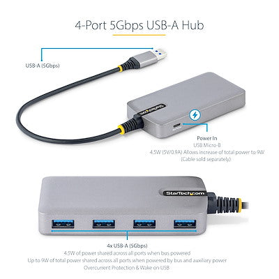 STARTECH 4 Port USB Hub | USB 3.0 (5Gbps) | Bus Powered | USB-A to 4x USB-A Hub w| Optional Auxiliary Power Input | Portable Desktop|Laptop USB Hub | 1ft|30cm Cable | USB Expansion Hub (5G4AB-USB-A-HUB) (5G4AB-USB-A-HUB)