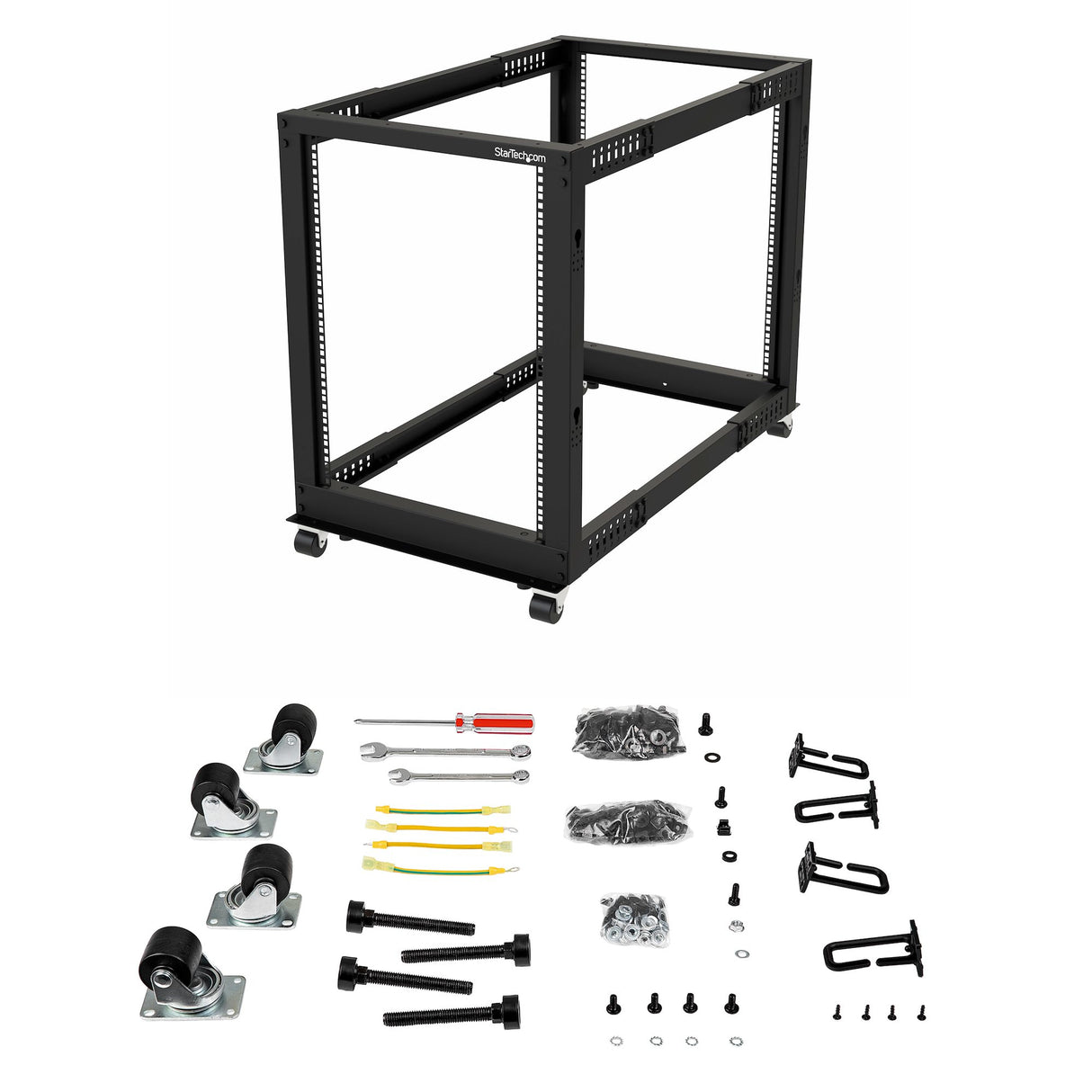 STARTECH 4-Post 15U Mobile Open Frame Server Rack | 19in Network Rack with Wheels | Rolling Rack for Computer|AV|Data|IT Equipment - Casters | Leveling Feet or Floor Mounting (4POSTRACK15U) (4POSTRACK15U)