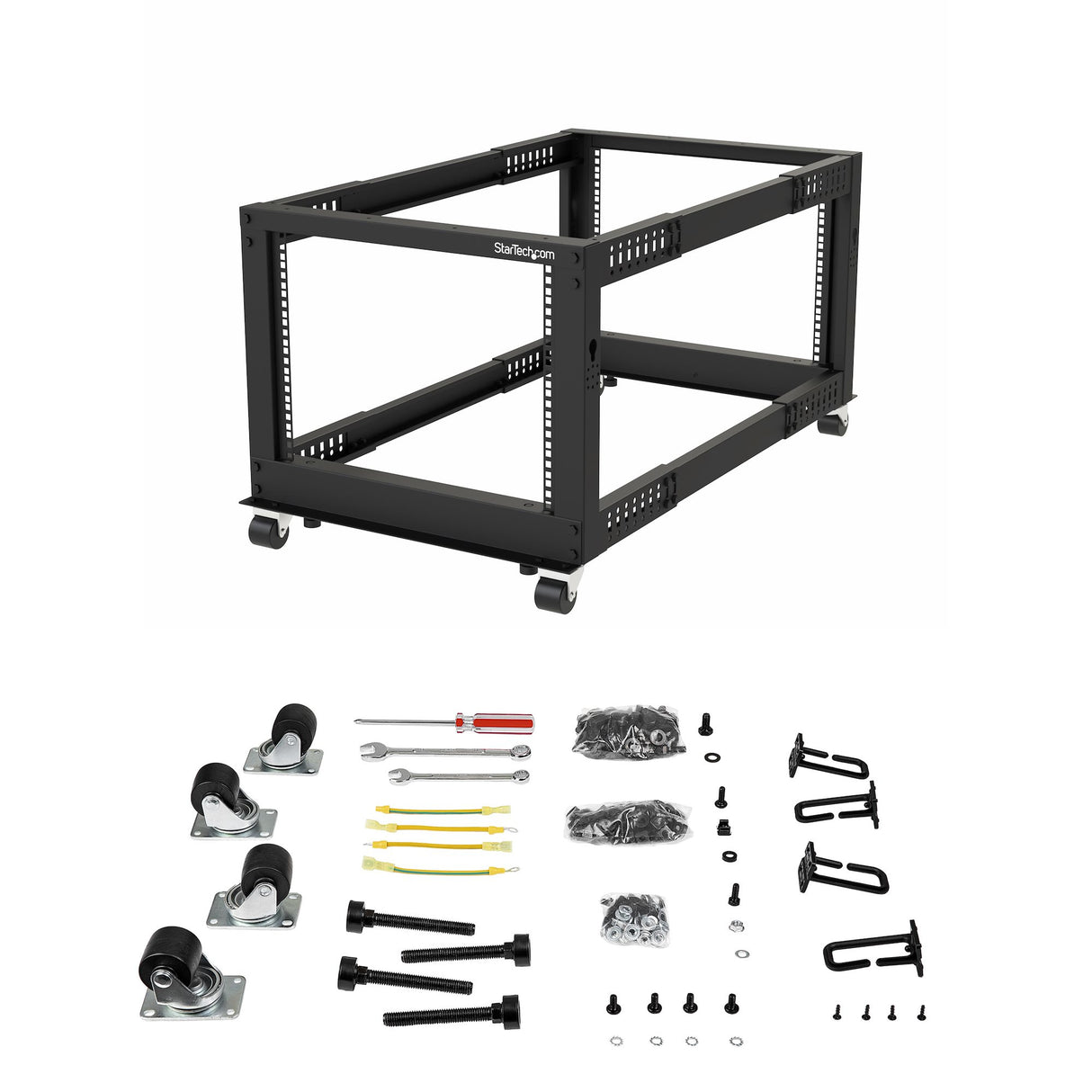STARTECH 4-Post 8U Mobile Open Frame Server Rack | 19in Network Rack with Wheels | Small Rolling Rack for Computer|AV|Data|IT Equipment | Casters | Leveling Feet or Floor Mounting (4POSTRACK8U) (4POSTRACK8U)
