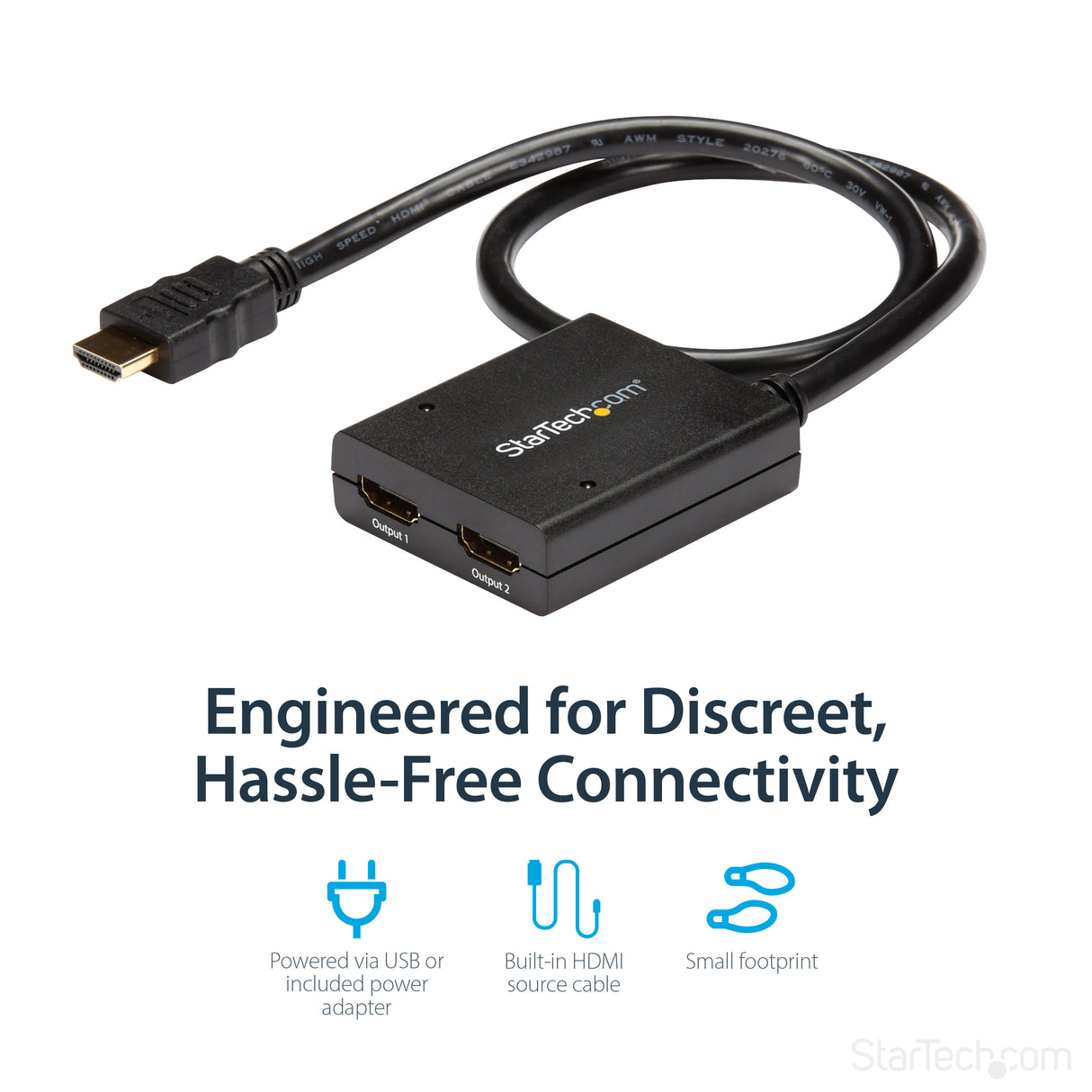 STARTECH 4K HDMI Splitter 1 In 2 Out - 4K 30Hz HDMI 1.4 2 Port Video Splitter Box -with high speed HDMI cable | USB power cable - Black (ST122HD4KU) (ST122HD4KU)