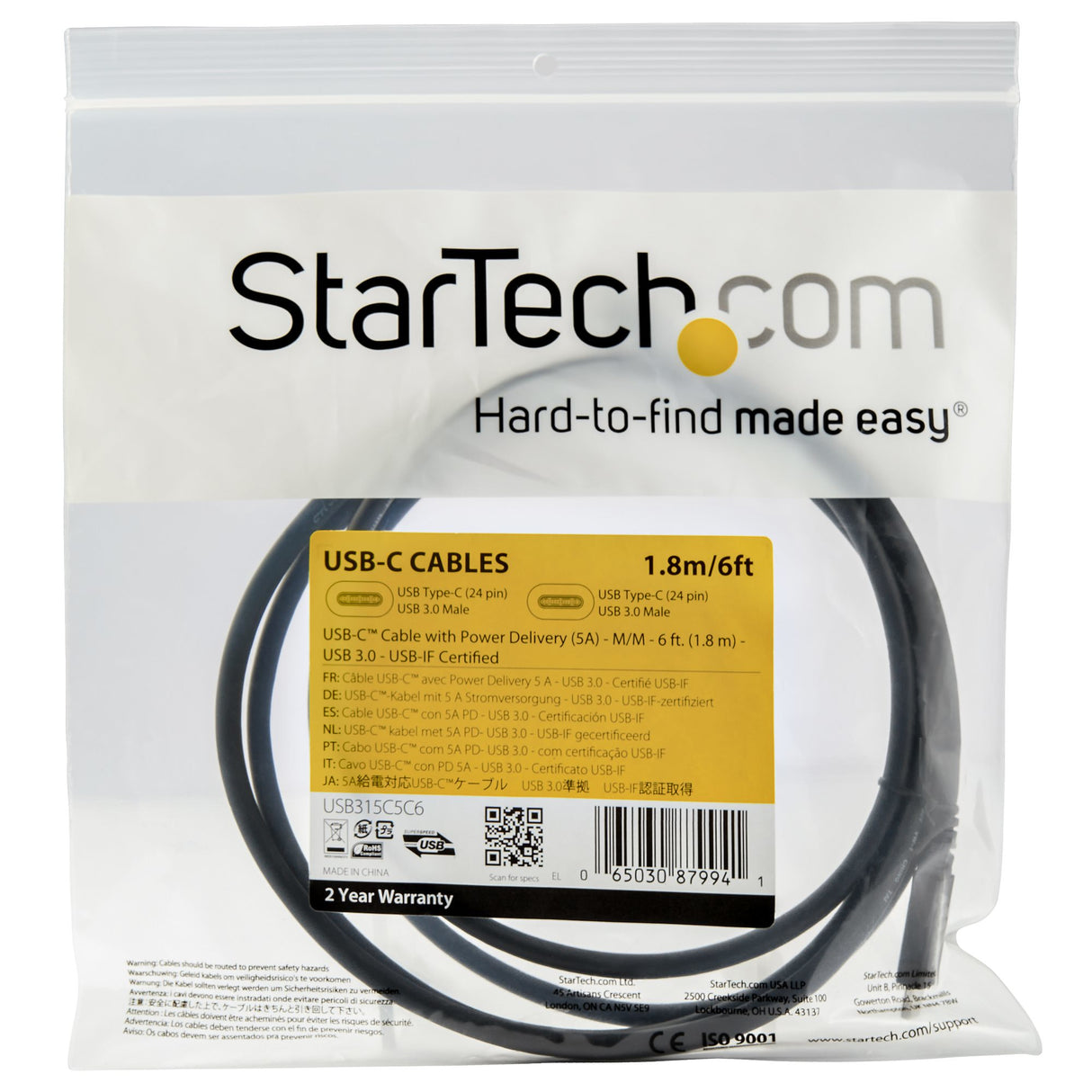 STARTECH 6 ft (1.8 m) USB C to USB C Cable - 5A | 100W PD 3.0 - Certified Works With Chromebook - USB-IF Certified - M|M - USB 3.0 5Gbps - USB C Charging Cable - USB Type C Cable (USB315C5C6) (USB315C5C6)
