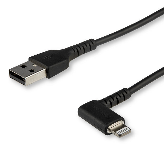 STARTECH 6ft (2m) Durable USB A to Lightning Cable - Black 90° Right Angled Heavy Duty Rugged Aramid Fiber USB Type A to Lightning Charging|Sync Cord - Apple MFi Certified - iPhone (RUSBLTMM2MBR) (RUSBLTMM2MBR)