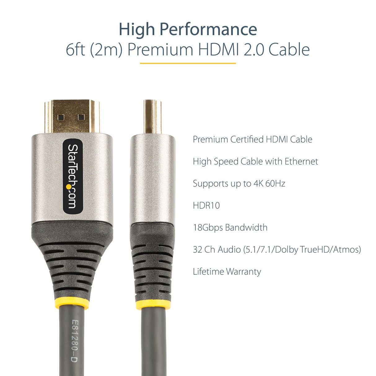STARTECH 6ft (2m) Premium Certified HDMI 2.0 Cable - High Speed Ultra HD 4K 60Hz HDMI Cable with Ethernet - HDR10 | ARC - UHD HDMI Video Cord - For UHD Monitors | TVs | Displays - M|M (HDMMV2M) (HDMMV2M)