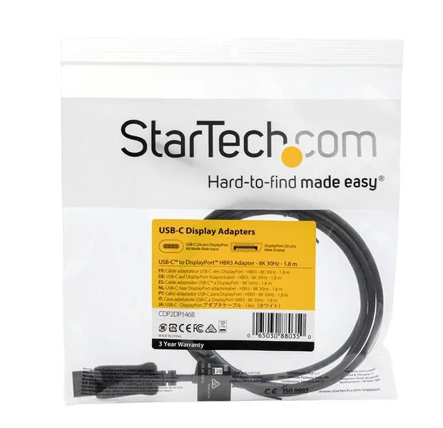 STARTECH 6ft|1.8m USB C to DisplayPort 1.4 Cable - 4K|5K|8K USB Type-C to DP 1.4 Alt Mode Video Adapter Converter - HBR3|HDR|DSC - 8K 60Hz DP Monitor Cable for USB-C|Thunderbolt 3 (CDP2DP146B) (CDP2DP146B)