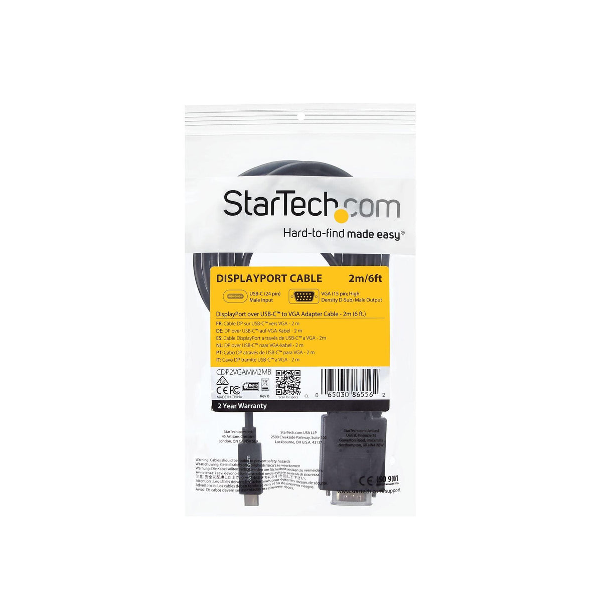 STARTECH 6ft|2m USB C to VGA Cable - 1920x1200|1080p USB Type C to VGA Video Active Adapter Cable - Thunderbolt 3 Compatible - Laptop to VGA Monitor|Projector - DP Alt Mode HBR2 (CDP2VGAMM2MB) (CDP2VGAMM2MB)