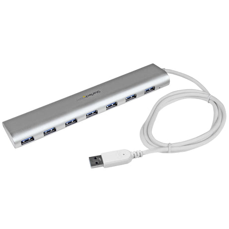 STARTECH 7 Port Compact USB 3.0 Hub with Built-in Cable - Aluminum USB Hub - Silver USB3 Hub with 20W Power Adapter (ST73007UA)