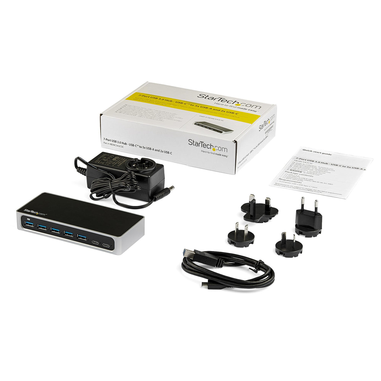 STARTECH 7 Port USB C Hub with Fast Charge Port - USB-C to 5x USB-A 2x USB-C (USB 3.0 SuperSpeed) - Self Powered USB 3.0 (5Gbps) Type-C Hub w| Power Adapter - Desktop|Laptop Hub (HB30C5A2CSC) (HB30C5A2CSC)