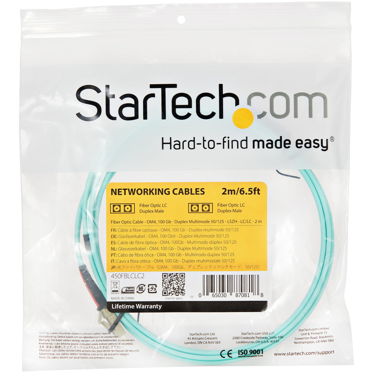 STARTECH Aqua OM4 Duplex Multimode Fiber | 2m | 6 ft | 100 Gb | 50|125 | OM4 Fiber | LC to LC Fiber Patch Cable (450FBLCLC2)