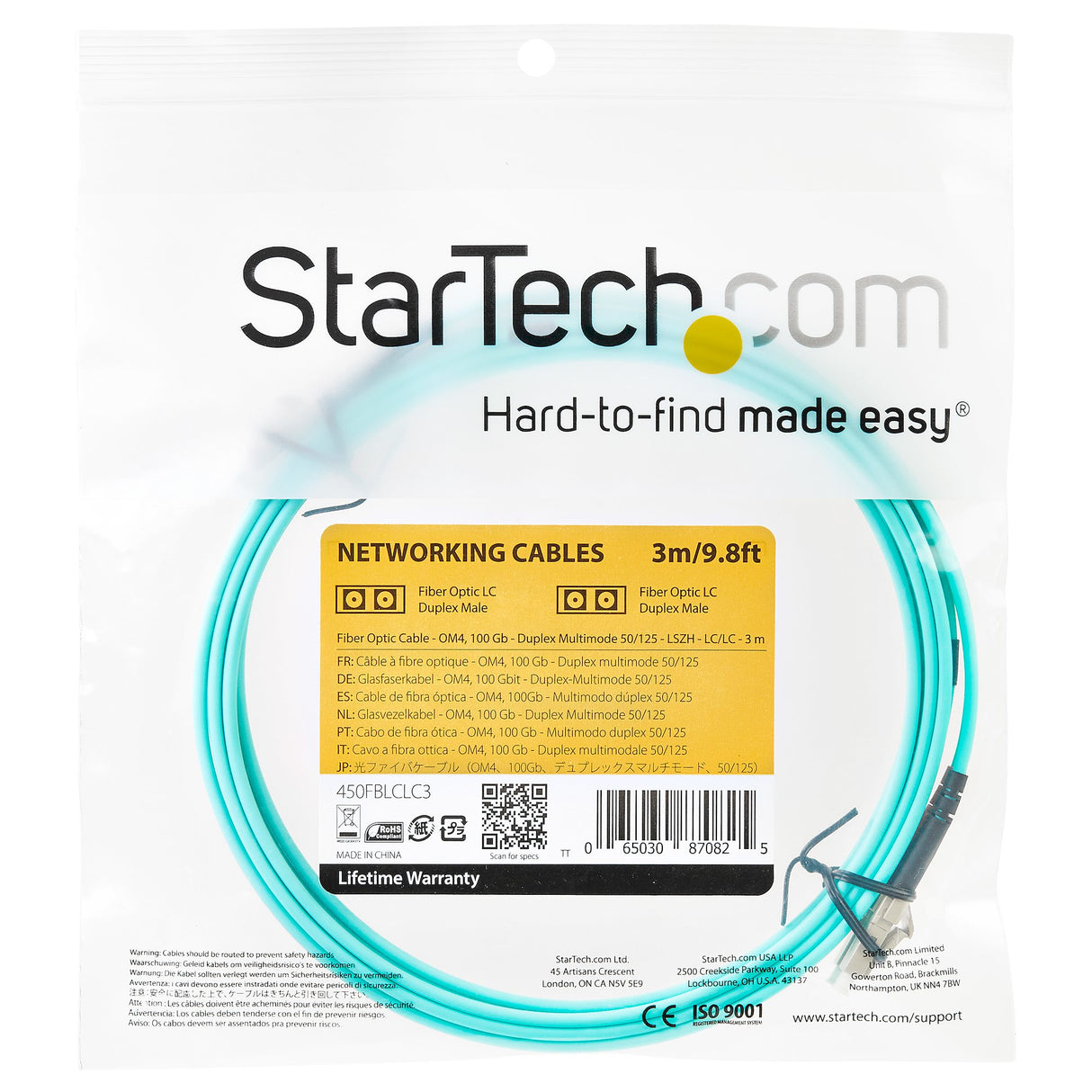 STARTECH Aqua OM4 Duplex Multimode Fiber | 3m| 9 ft | 100 Gb | 50|125 | OM4 Fiber | LC to LC Fiber Patch Cable (450FBLCLC3)