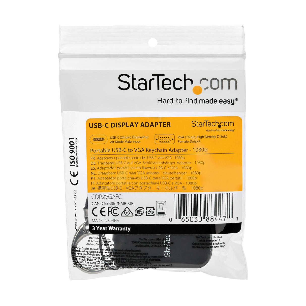 STARTECH Compact USB C to VGA Adapter - 1080p USB Type-C to VGA Video Display Converter with Keychain Ring - Active USB-C DP Alt Mode to VGA Monitor Dongle - Thunderbolt 3 Compatible (CDP2VGAFC) (CDP2VGAFC)