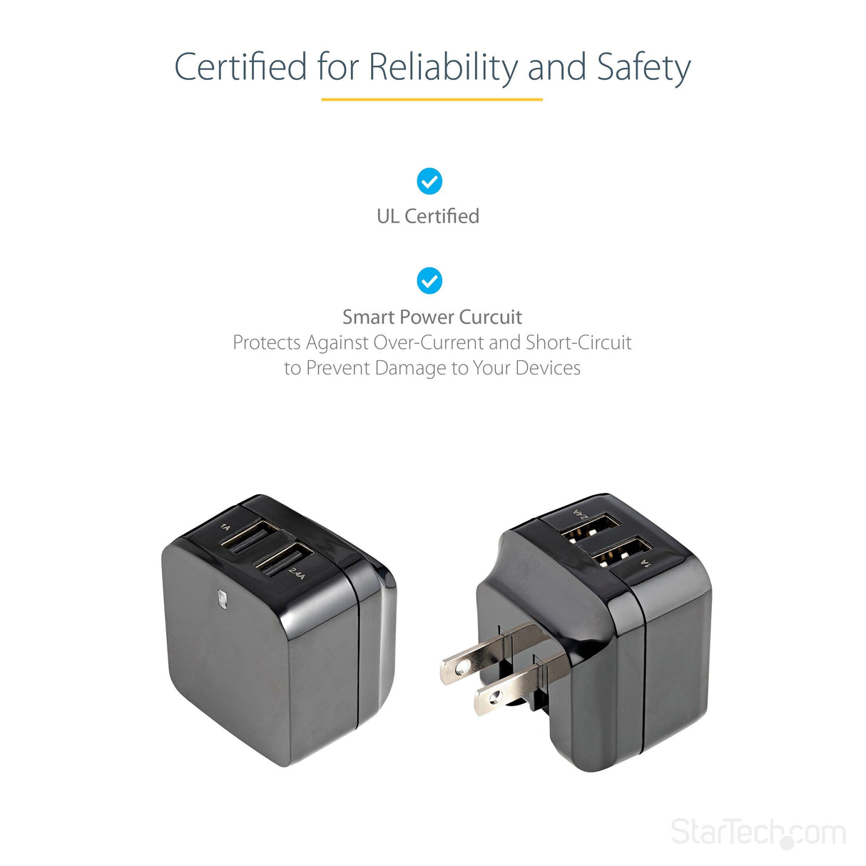 STARTECH Dual Port USB Wall Charger | High Power 17 Watt | 3.4 Amp (1A & 2.4A) | Travel Charger (International) 110V|220V (USB2PACBK)