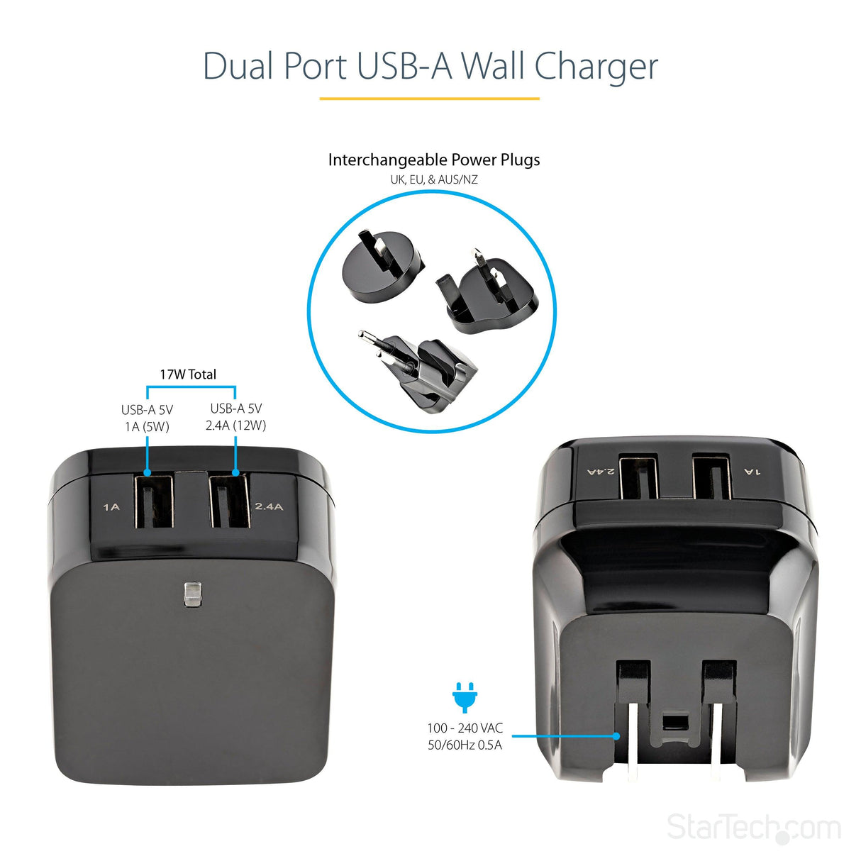 STARTECH Dual Port USB Wall Charger | High Power 17 Watt | 3.4 Amp (1A & 2.4A) | Travel Charger (International) 110V|220V (USB2PACBK)