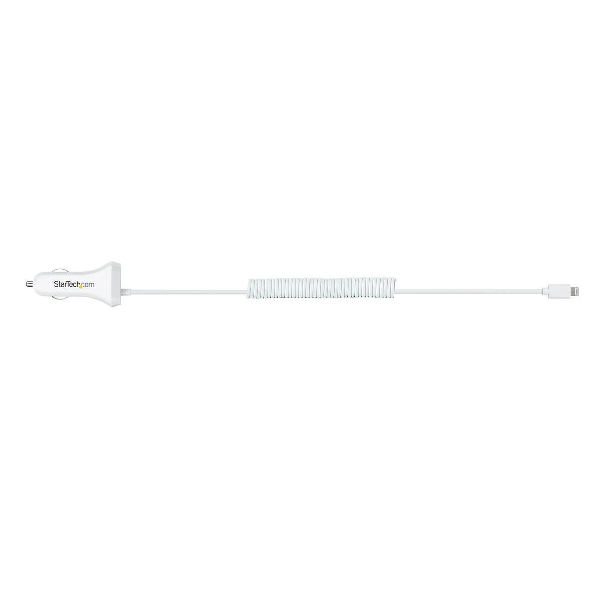 STARTECH Lightning Car Charger with Coiled Cable | 1m Coiled Lightning Cable | 12W | White | 2 Port USB Car Charger Adapter for Phones and Tablets | Dual Device In Car iPhone Charger (USBLT2PCARW2) (USBLT2PCARW2)