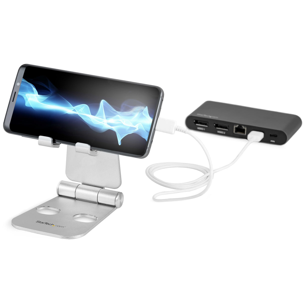 STARTECH Phone and Tablet Stand - Foldable Universal Mobile Device Holder for Smartphones & Tablets - Adjustable Multi-Angle Ergonomic Cell Phone Stand for Desk - Portable - Silver (USPTLSTND) (USPTLSTND)