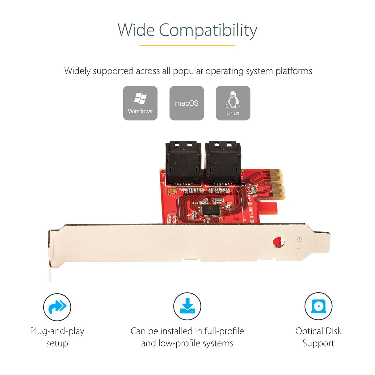 STARTECH SATA PCIe Card - 4 Port PCIe SATA Expansion Card - 6Gbps - Low Profile Bracket - Stacked SATA Connectors - ASM1164 Non-Raid - PCI Express to SATA Converter (4P6G-PCIE-SATA-CARD) (4P6G-PCIE-SATA-CARD)