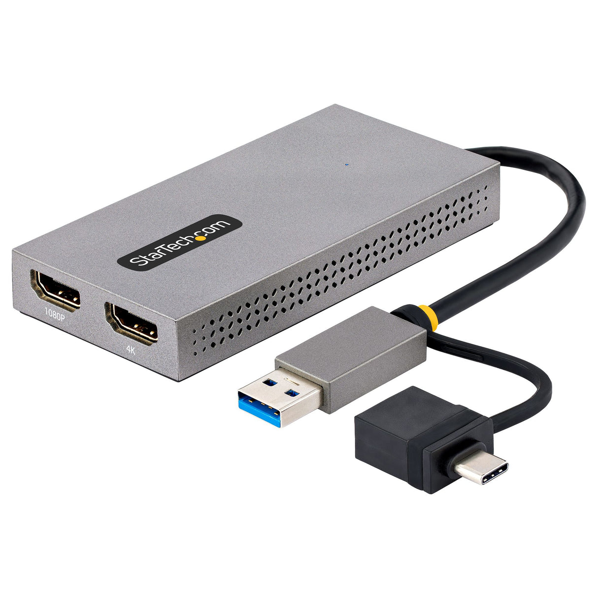 STARTECH USB 3.0 or USB-C to Dual HDMI Adapter for Windows & macOS | 2x HDMI Displays (1x 4K30Hz | 1x 1080p) | Integrated USB-A to C Dongle | 4in|11cm Cable (107B-USB-HDMI) (107B-USB-HDMI)