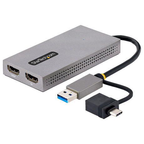 STARTECH USB 3.0 or USB-C to Dual HDMI Adapter for Windows & macOS | 2x HDMI Displays (1x 4K30Hz | 1x 1080p) | Integrated USB-A to C Dongle | 4in|11cm Cable (107B-USB-HDMI) (107B-USB-HDMI)