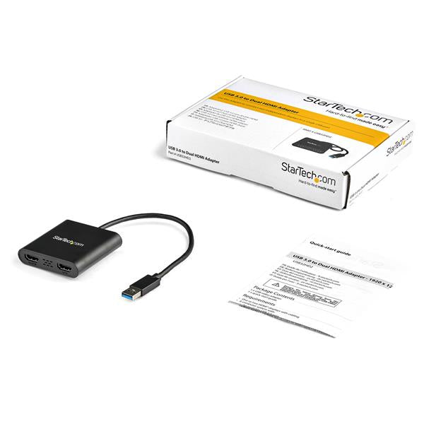 STARTECH USB 3.0 to Dual HDMI Adapter - 1x 4K 30Hz & 1x 1080p - External Video & Graphics Card - USB Type-A to HDMI Dual Monitor Display Adapter - Supports Windows Only - Black (USB32HD2) (USB32HD2)