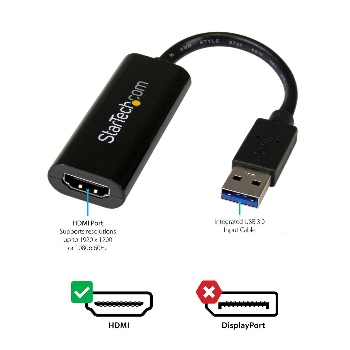 STARTECH USB 3.0 to HDMI Adapter - 1080p (1920x1200) - Slim|Compact USB Type-A to HDMI Display Adapter Converter for Monitor - External Video & Graphics Card - Black | Windows Only (USB32HDES) (USB32HDES)