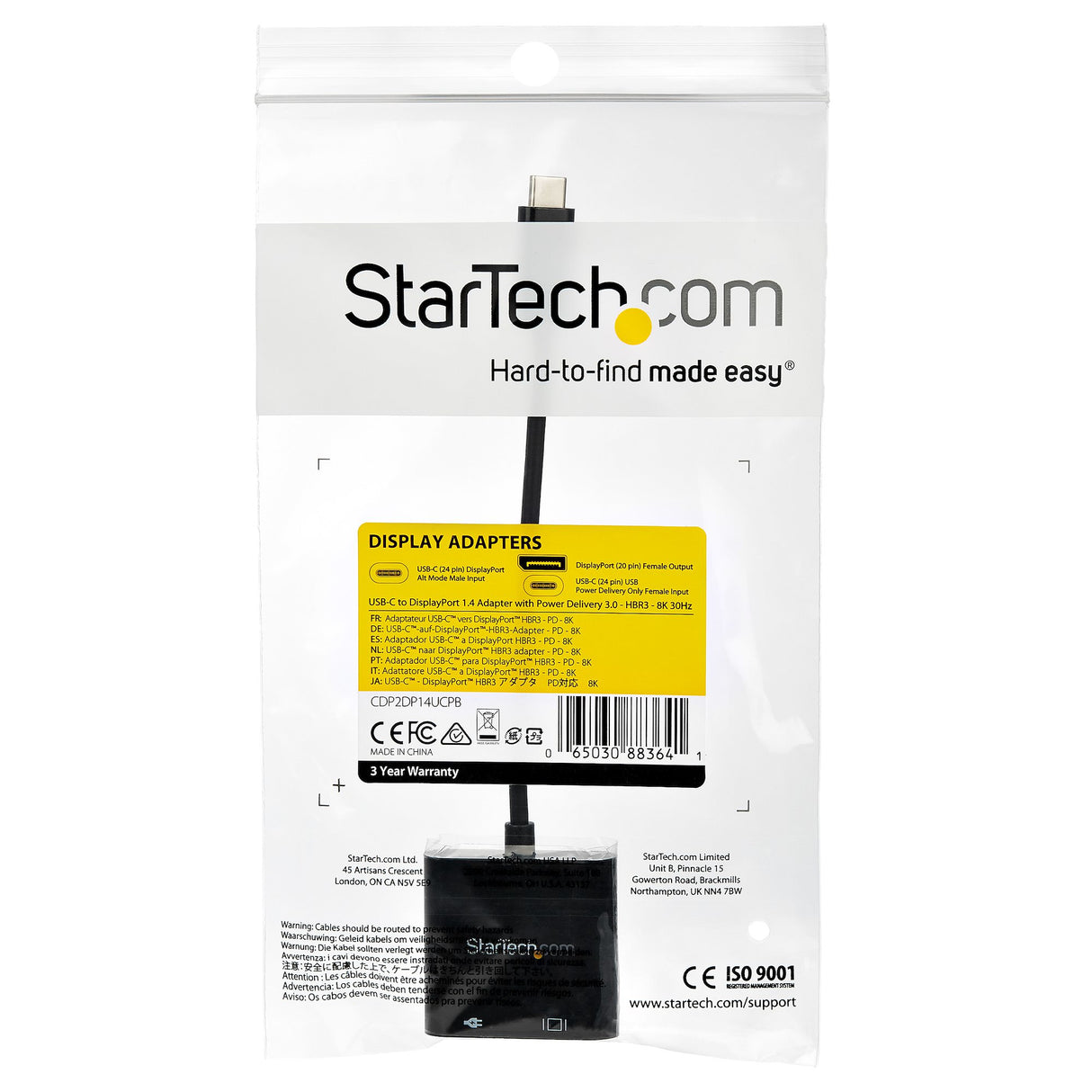 STARTECH USB C to DisplayPort Adapter with Power Delivery - 8K 60Hz |4K 120Hz USB Type C to DP 1.4 Video Converter w| 60W PD Pass-Through Charging - HBR3 - Thunderbolt 3 Compatible (CDP2DP14UCPB) (CDP2DP14UCPB)