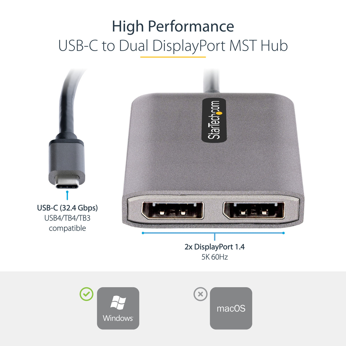 STARTECH USB-C to Dual Displayport 1.4 Adapter | USB Type-C Muliti-Monitor MST Hub | Dual 5K 60Hz DP Laptop Display Extender | Splitter | HDR | Extra-Long Built-In Cable | Windows Only (MST14CD122DP) (MST14CD122DP)