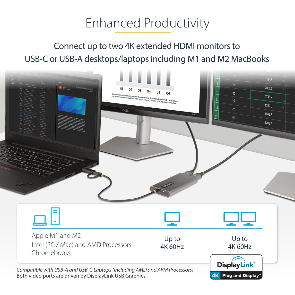 STARTECH USB-C to Dual-HDMI Adapter - USB-C or A to 2x HDMI Monitors - 4K 60Hz - 100W PD Pass-Through - 1ft (30cm) Built-in Cable - USB to HDMI Multi-Monitor Converter for Laptop (109B-USBC-HDMI) (109B-USBC-HDMI)