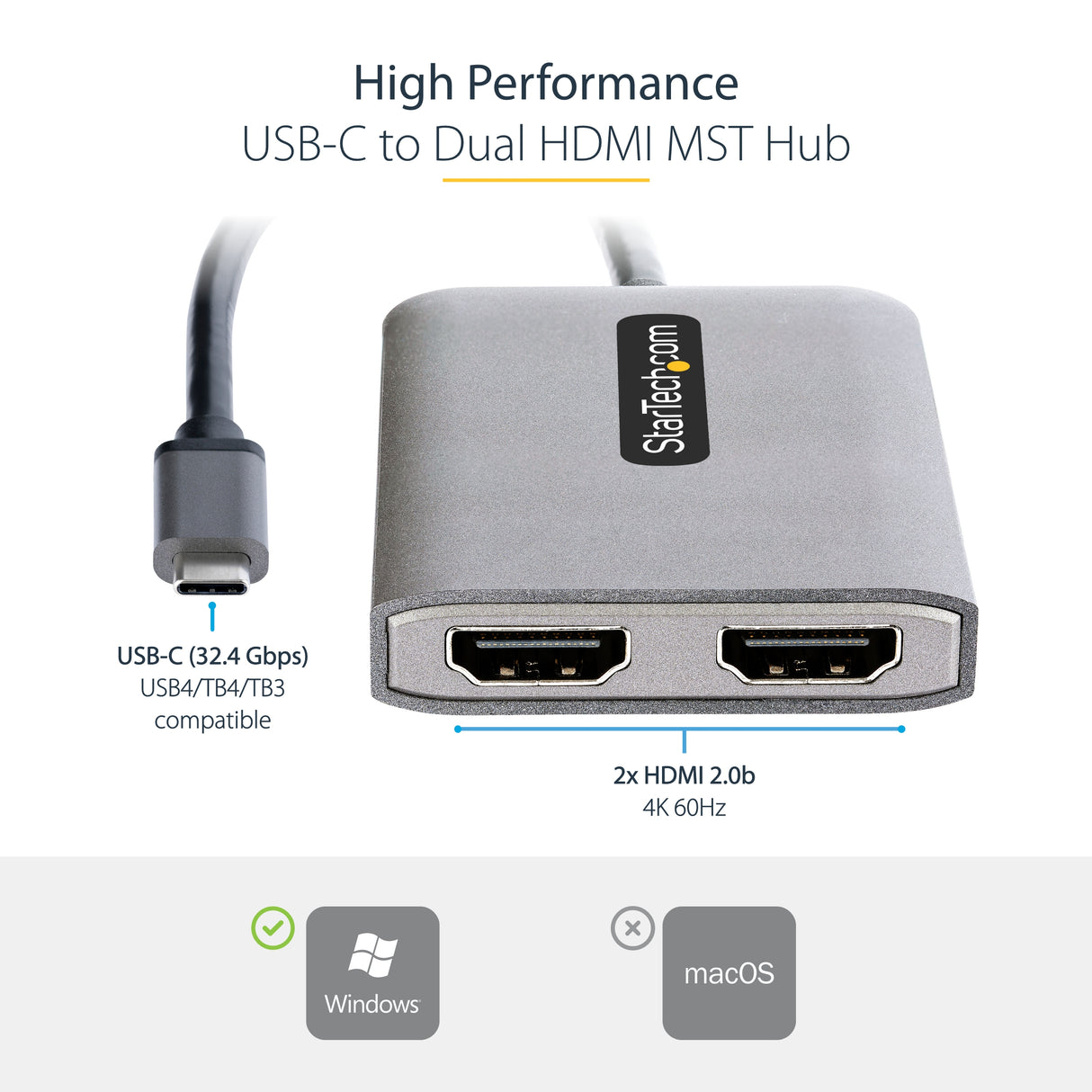 STARTECH USB-C to Dual HDMI MST HUB - Dual HDMI 4K 60Hz - USB Type C Multi Monitor Adapter for Laptop w| 1ft|30cm cable - DP 1.4 Multi-Stream Transport Hub - USB-C to HDMI Splitter (MST14CD122HD) (MST14CD122HD)
