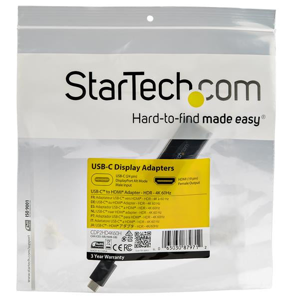 STARTECH USB C to HDMI Adapter - 4K 60Hz Video | HDR10 - USB-C to HDMI 2.0b Adapter Dongle - USB Type-C DP Alt Mode to HDMI Monitor|Display|TV - USB C to HDMI Converter (CDP2HD4K60H) (CDP2HD4K60H)