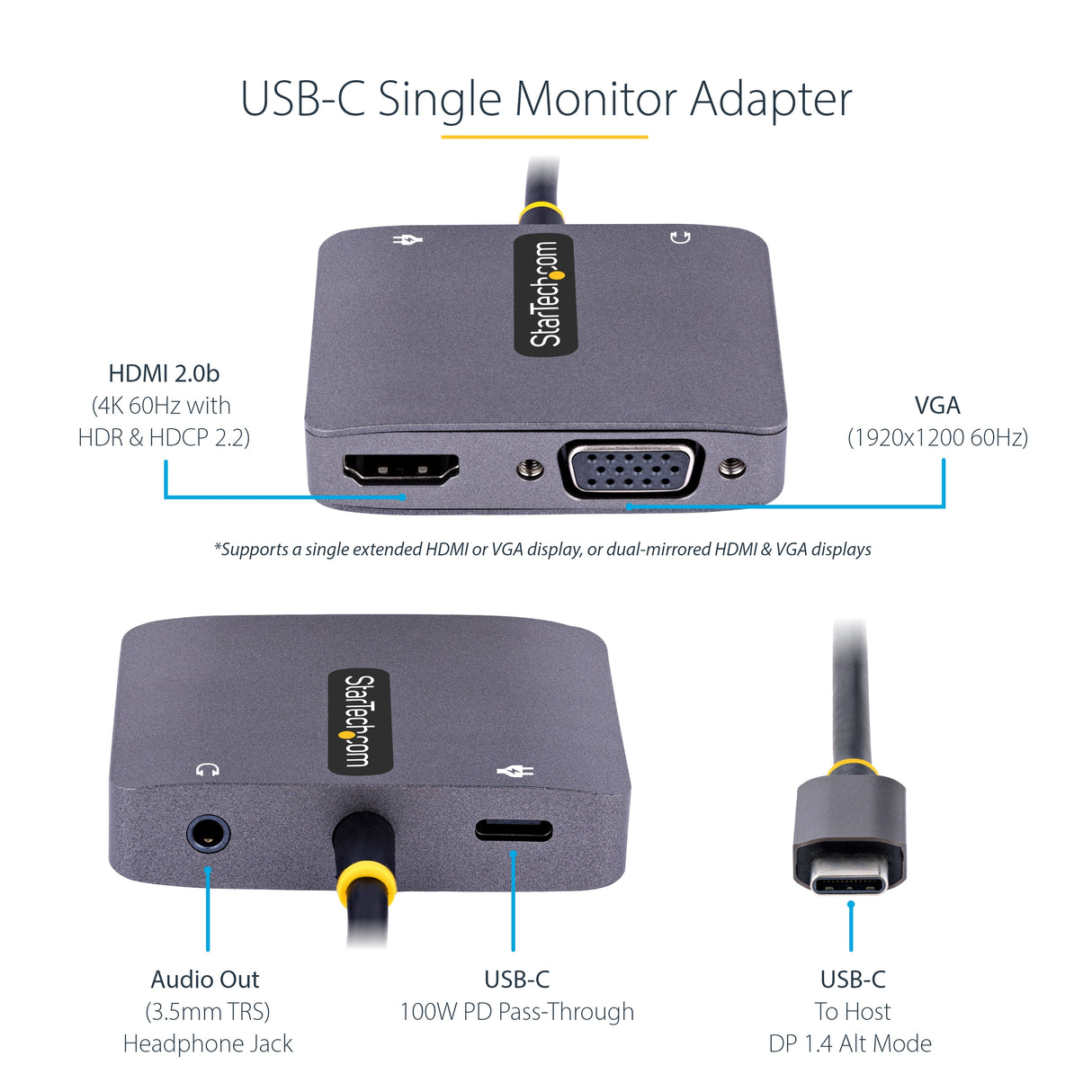 STARTECH USB C Video Adapter | USB C to HDMI VGA Multiport Adapter | 3.5mm Audio | 4K 60Hz HDR | 100W PD Pass-Through | Thunderbolt 3|4 Compatible - USB C Display Travel Adapter (122-USBC-HDMI-4K-VGA) (122-USBC-HDMI-4K-VGA)