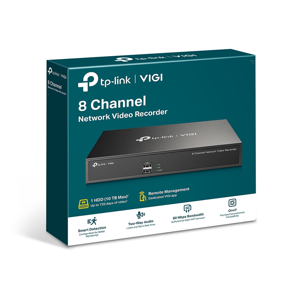 TP-LINK 1 RJ-45 10|100 Mbps | 2 × USB 2.0 | SATA Up to 10 TB | 1U Chassis | 246.2 x 148.2 x 42.6 mm | 578.5 g (VIGI NVR1008H)