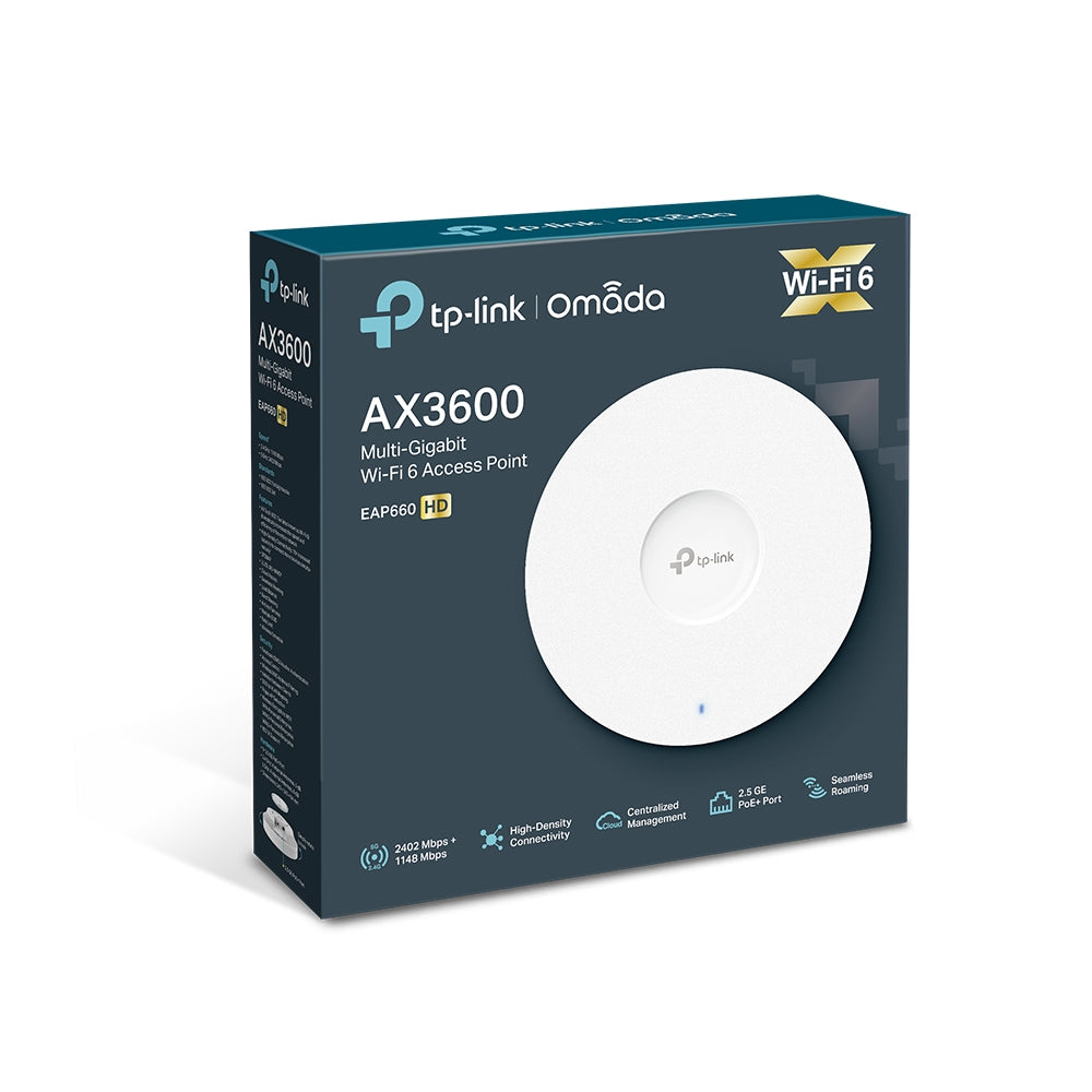 TP-LINK 1 x 2.5 Gbps Ethernet | 802.3at PoE | IEEE 802.11ax | 2.4 GHz | 5 GHz | 243 × 243 × 64 mm (EAP660 HD)