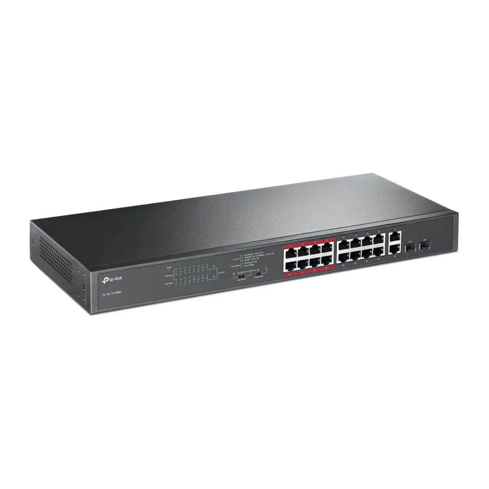 TP-LINK 16 PoE | 10|100Mbps RJ45 | 2 Combo Gigabit SFP Slots | 2 Fans | 100-240V AC | 50|60 Hz | 7.2 Gbps (TL-SL1218MP)