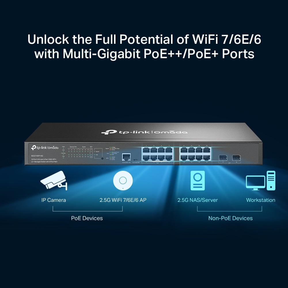 TP-LINK 16x 2.5 Gbps RJ45 | 2x 10G SFP+ Slots | 120 Gbps | 89.28 Mpps | 16 K MAC | 9 KB Jumbo | 440 x 180 x 44 mm (SG3218XP-M2)