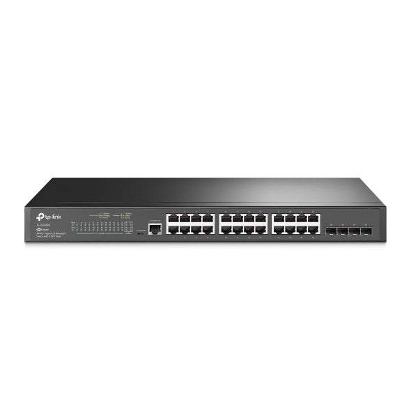 TP-LINK 19.22W | 24× 10|100|1000 Mbps RJ45 Ports | 4× Gigabit SFP Slots | 1× RJ45 Console Port | 1× Micro-USB Console Port | 56Gbps | 41.66Mbps | 8K MAC | 9KB Jumbo Frame | Fanless (TL-SG3428)
