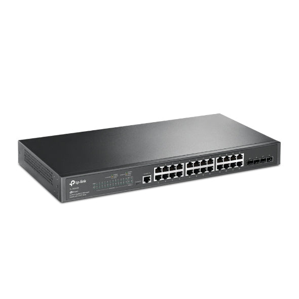 TP-LINK 19.22W | 24× 10|100|1000 Mbps RJ45 Ports | 4× Gigabit SFP Slots | 1× RJ45 Console Port | 1× Micro-USB Console Port | 56Gbps | 41.66Mbps | 8K MAC | 9KB Jumbo Frame | Fanless (TL-SG3428)