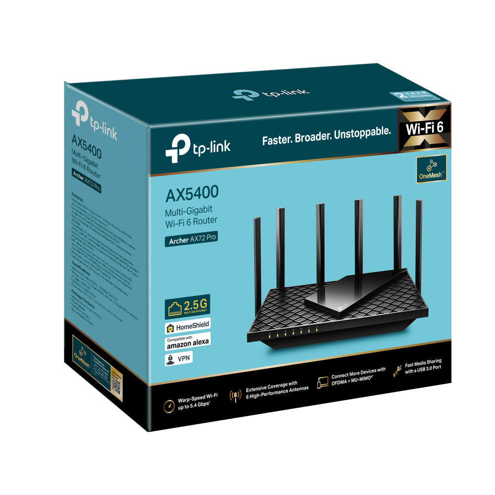 TP-LINK 1x 2.5 Gigabit WAN|LAN | 1x Gigabit WAN|LAN | 3x Gigabit LAN | Wi-Fi 6 | 802.11ax 2.4|5 GHz | Dual-Band | WPA | 272.5 x 147.2 x 49.2 mm (ARCHER AX72 PRO)