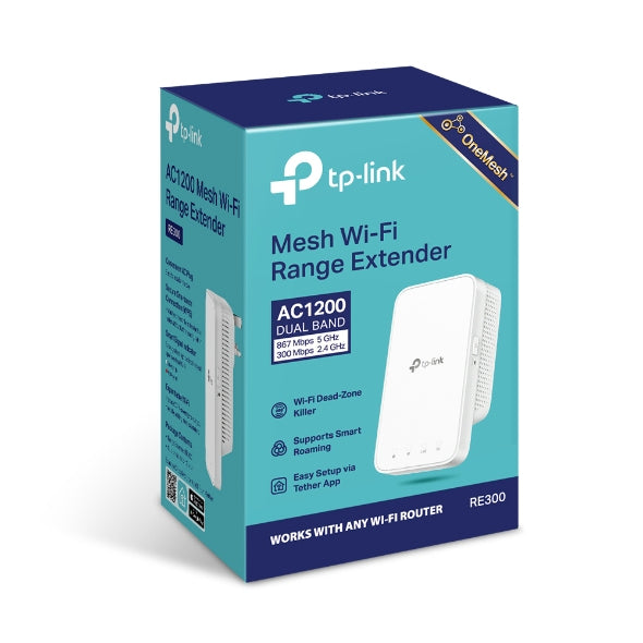 TP-LINK 2.4-5 GHz | 300-867 Mbps | 17 dBm | OneMesh | WPS | 100-240V | 50|60Hz | 124 x 69 x 52 mm (RE300)