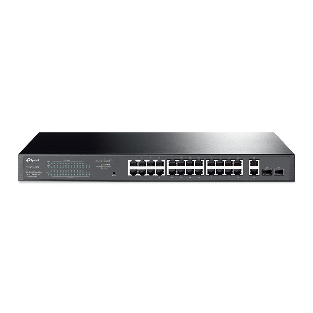 TP-LINK 26 x 10|100|1000 Mbps RJ45 Ports | 2 x Gigabit SFP Ports | 2 x PoE+ | 440 × 220 × 44 mm (TL-SG1428PE)