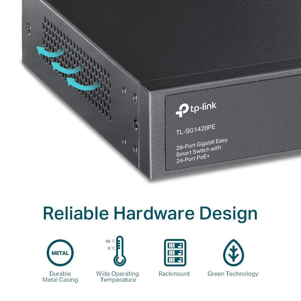 TP-LINK 26 x 10|100|1000 Mbps RJ45 Ports | 2 x Gigabit SFP Ports | 2 x PoE+ | 440 × 220 × 44 mm (TL-SG1428PE)