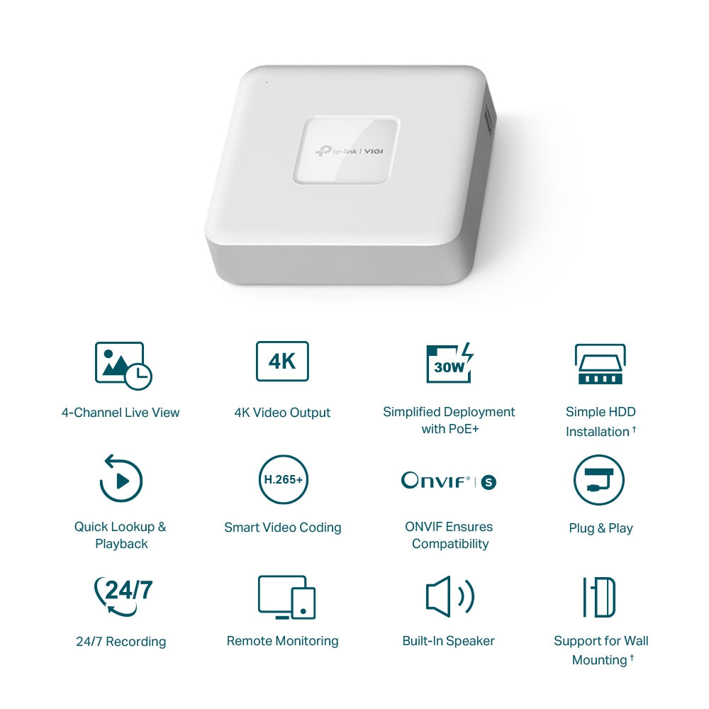 TP-LINK 4CH | PoE | RJ-45 10|100 Mbps | 2x USB 2.0 | 200.3 x 200.3 x 43 mm (VIGI NVR1104H-4P)