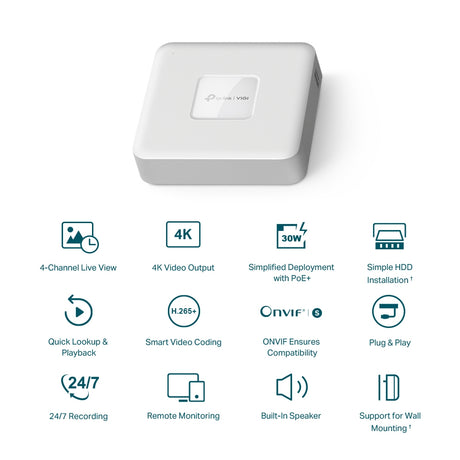 TP-LINK 4CH | PoE | RJ-45 10|100 Mbps | 2x USB 2.0 | 200.3 x 200.3 x 43 mm (VIGI NVR1104H-4P)