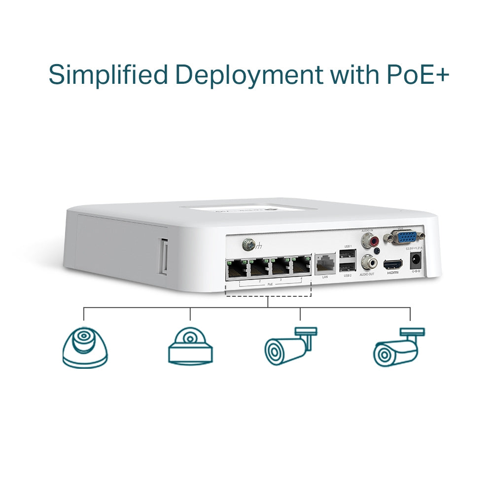 TP-LINK 4CH | PoE | RJ-45 10|100 Mbps | 2x USB 2.0 | 200.3 x 200.3 x 43 mm (VIGI NVR1104H-4P)