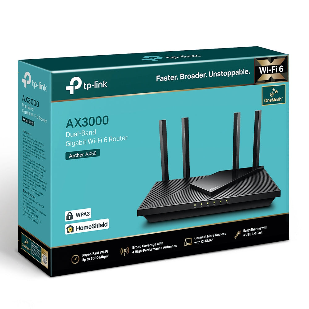 TP-LINK 4xGigabit LAN ports | Gigabit WAN port | USB 3.0 | Wi-Fi 6 | 2.4|5 GHz | OneMesh | Parental controls | QoS | HomeShield Security (ARCHER AX55)